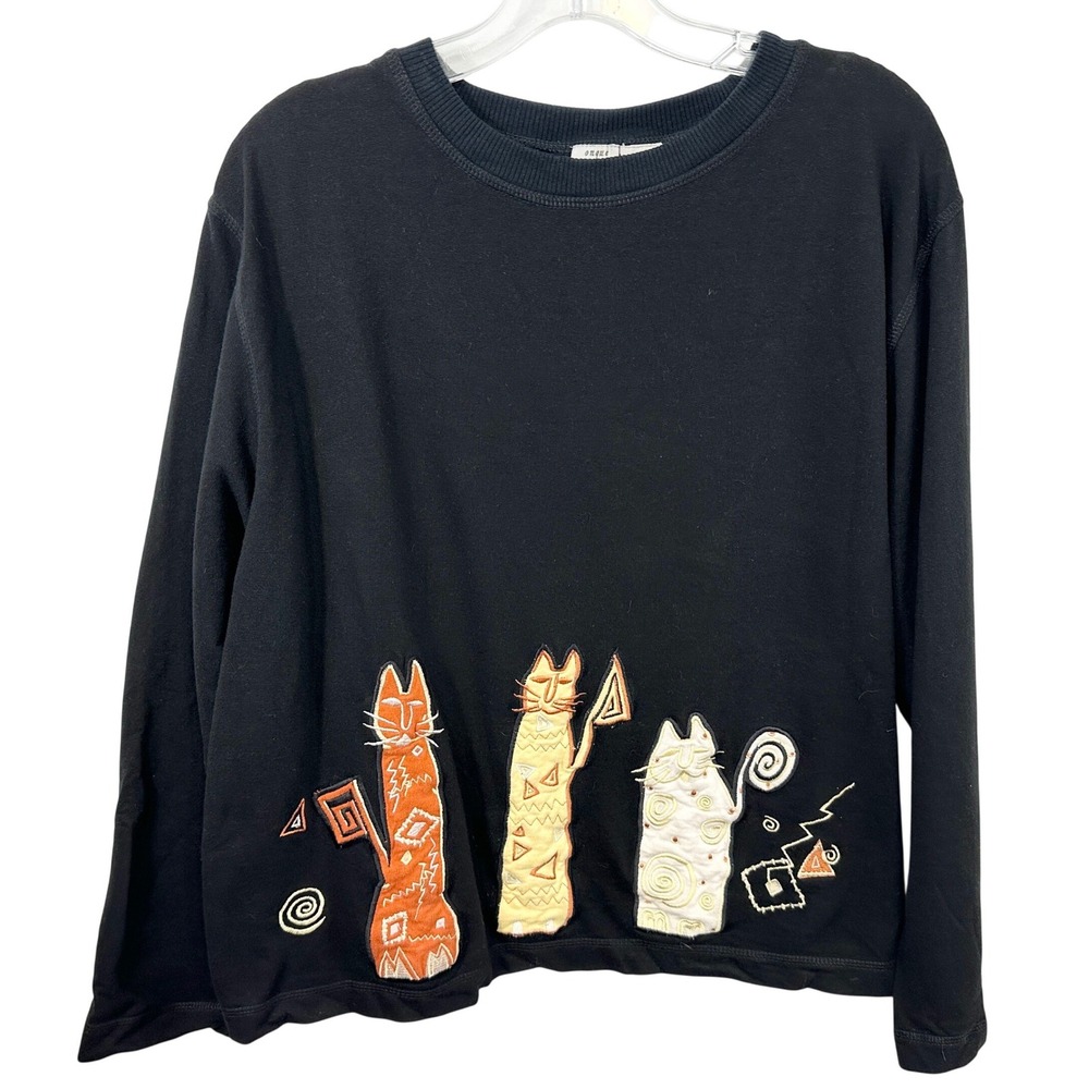 Onque Casuals Large Top Black Cotton Cat Applique Embroidered VTG Novelty 1734